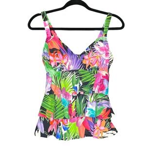 ShapeSolver Tankini Swim Top Womens 8 New Tropical Triple Tier Ruffle Resort
